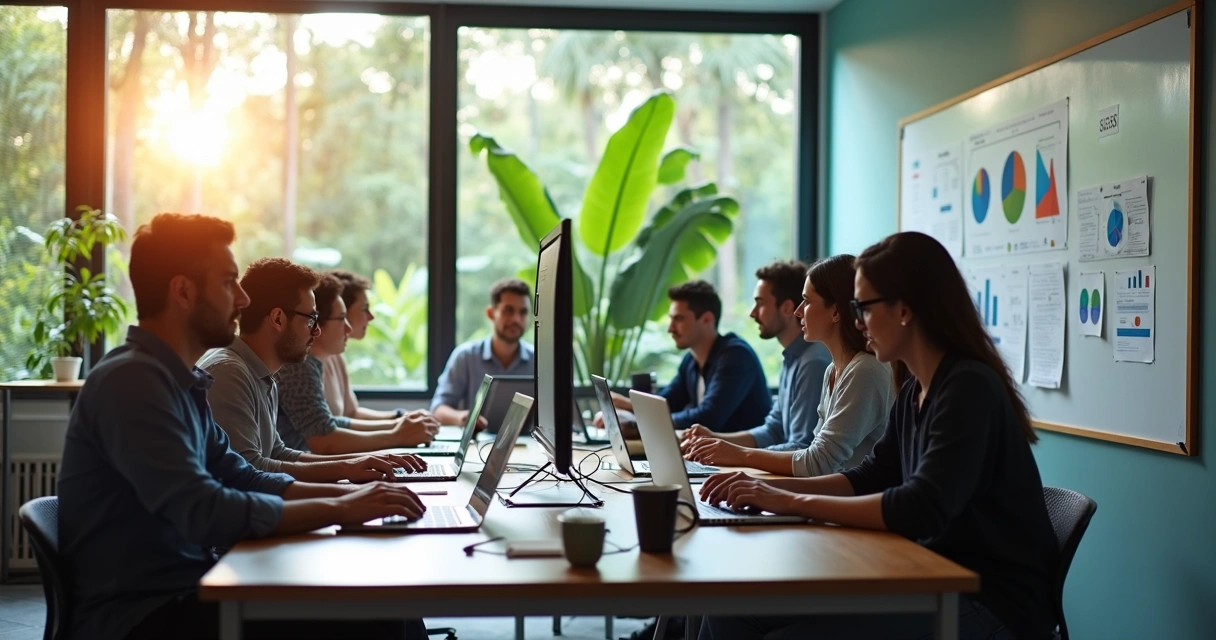 Equipe de marketing digital reunida em sala moderna com computadores e quadros brancos 