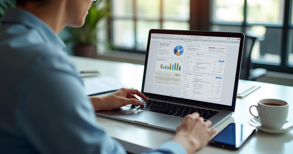 Profissional revisando avaliações online de agência em laptop com gráficos de desempenho e feedbacks ao redor 