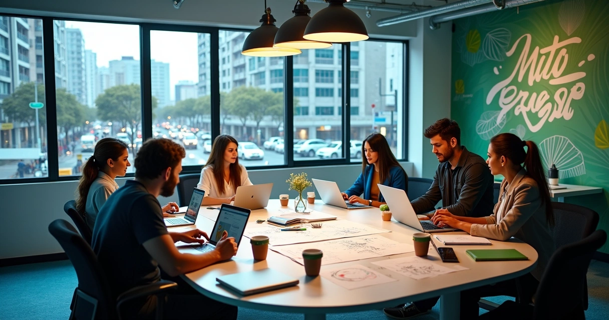 Equipe reunida trabalhando em agência de marketing digital em Dourados 