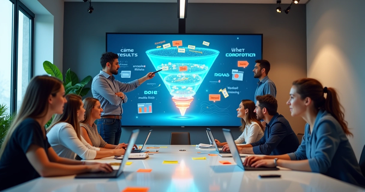 Equipe de agência de marketing reunida em frente a grande tela com funil de conversão digital 