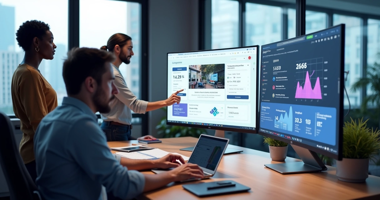 Equipe de agência de marketing avaliando ferramentas de criação de sites em uma grande tela 