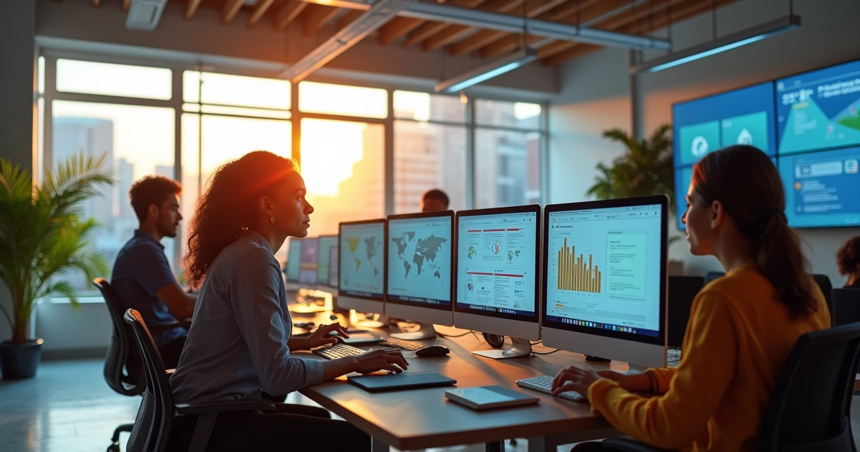 Equipe de agência de marketing trabalhando em frente a computadores em ambiente moderno 