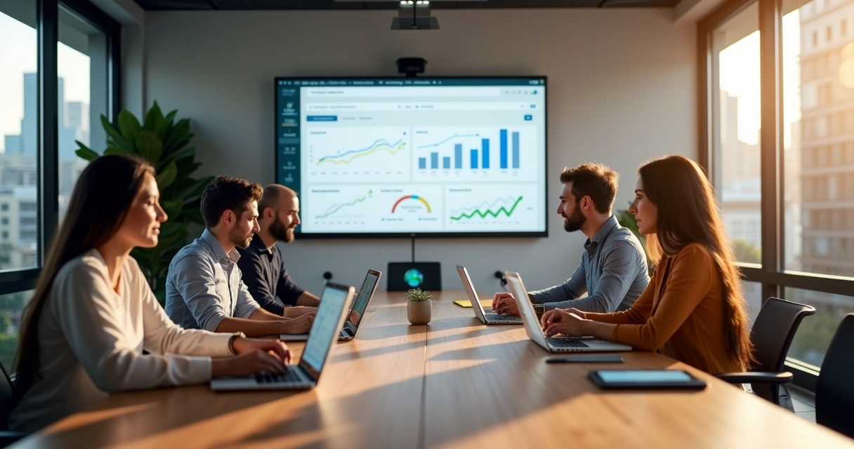 Equipe de marketing em Gravataí reunida em mesa de reunião analisando gráficos digitais 