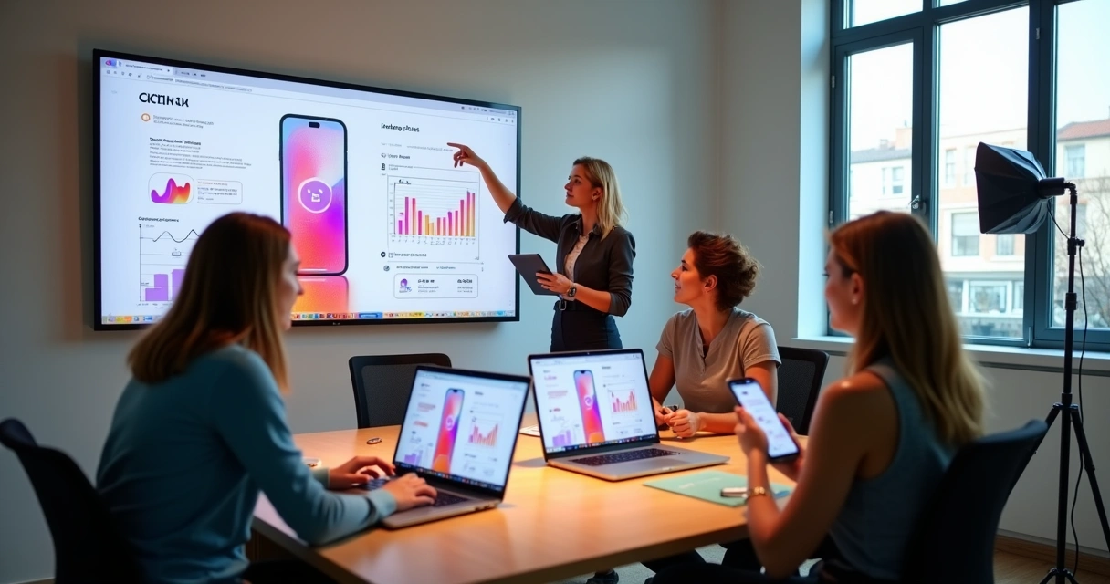 Equipe de agência de marketing planejando vídeos de Instagram Reels no escritório 