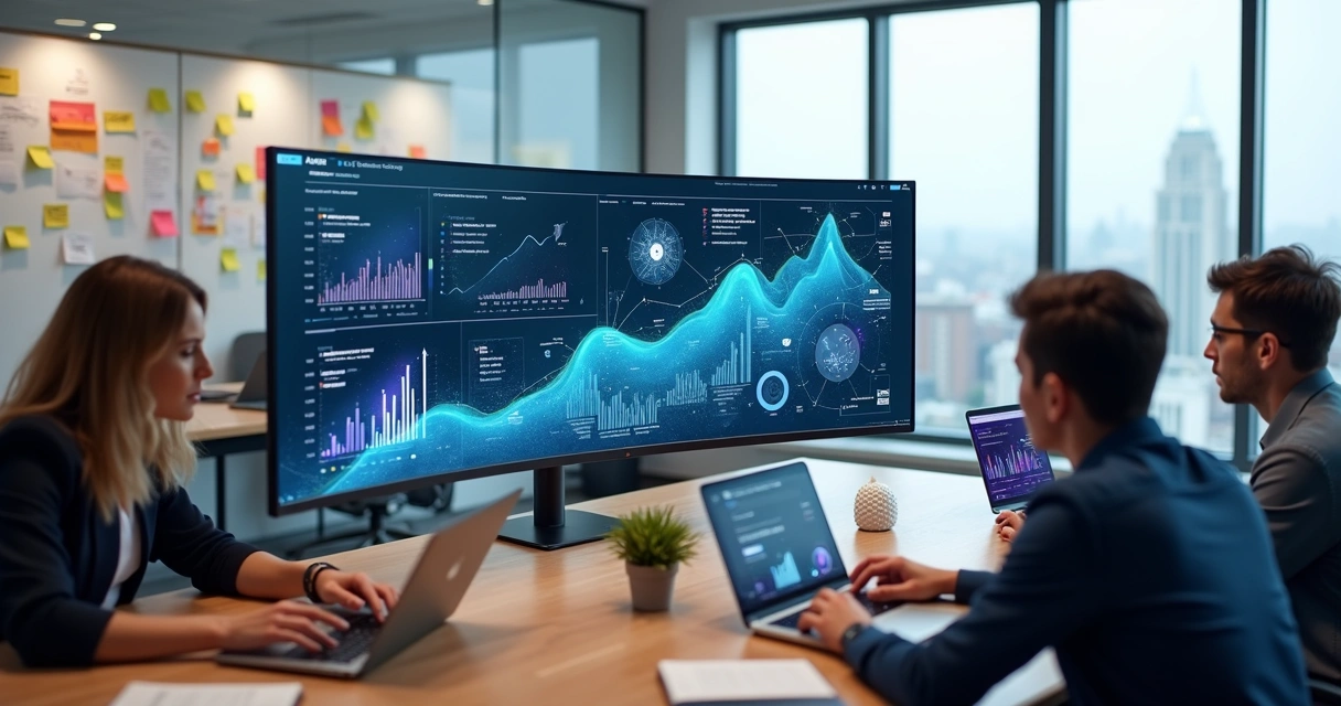 Equipe de agência de marketing usando painéis de inteligência artificial 