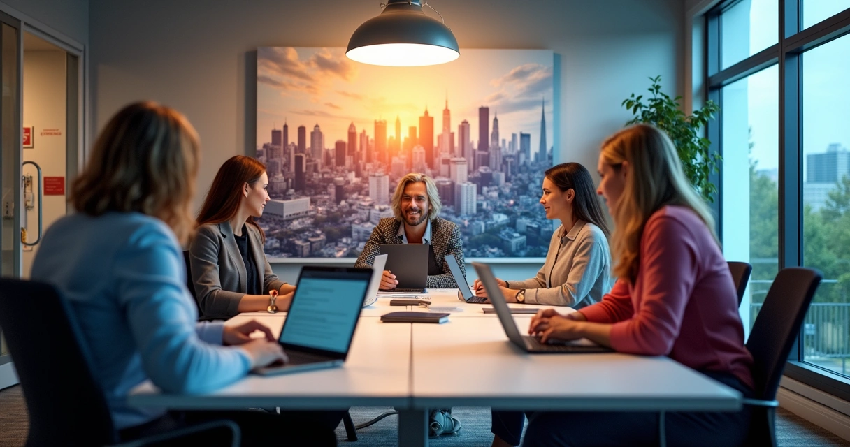 Equipe de marketing reunida ao redor de uma mesa com computadores e material de planejamento em Ipatinga 