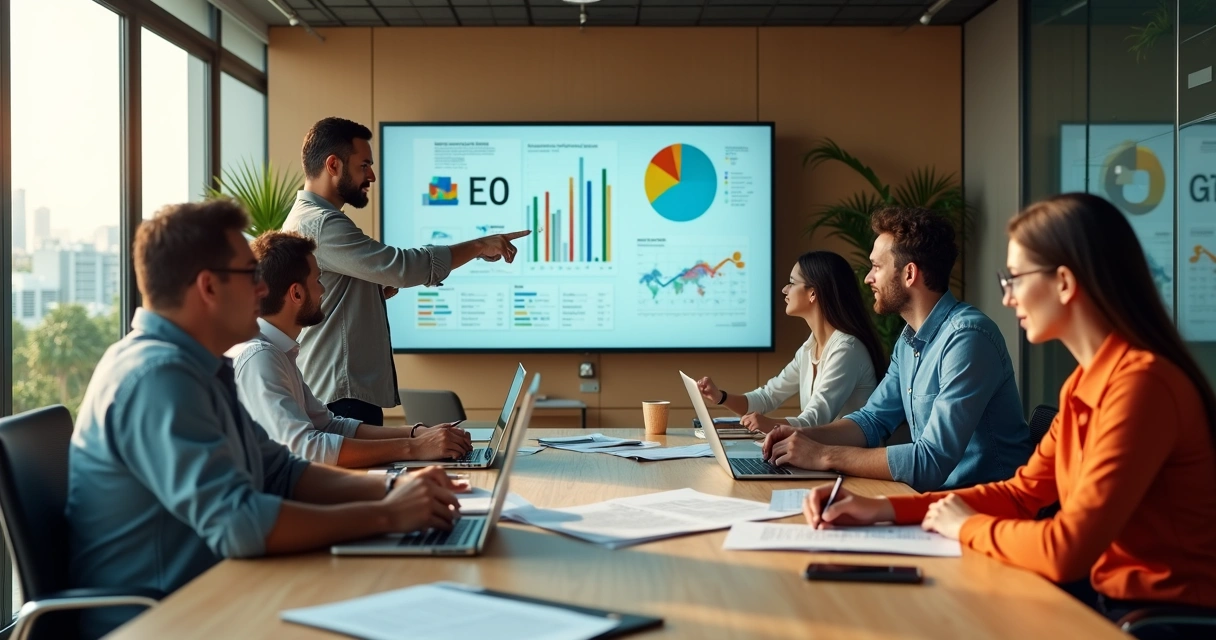 Equipe de marketing reunida em agência moderna em Itabuna planejando estratégias digitais 