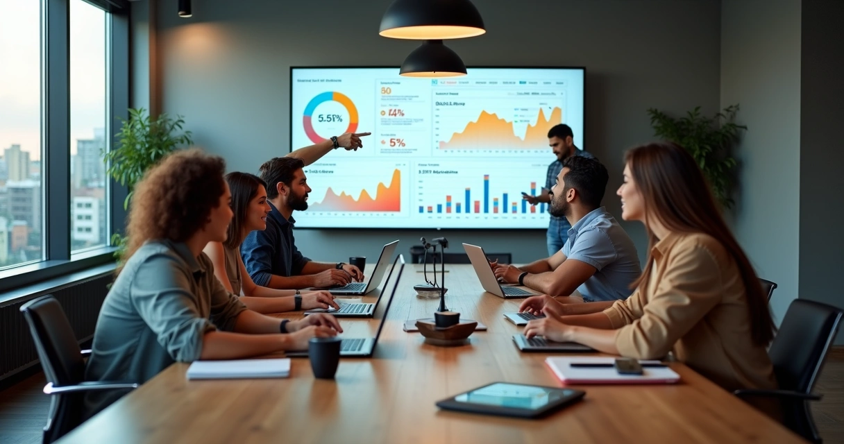 Equipe de marketing reunida em escritório moderno analisando gráficos de desempenho digital 