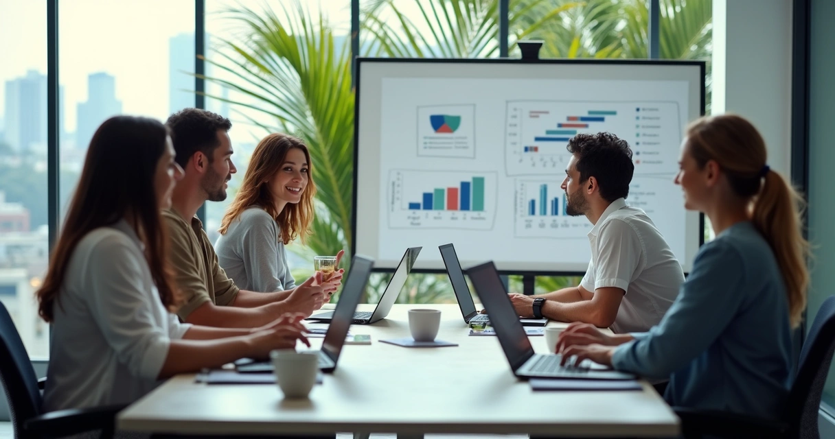 Equipe de marketing digital reunida em escritório moderno em Jaboatão dos Guararapes 