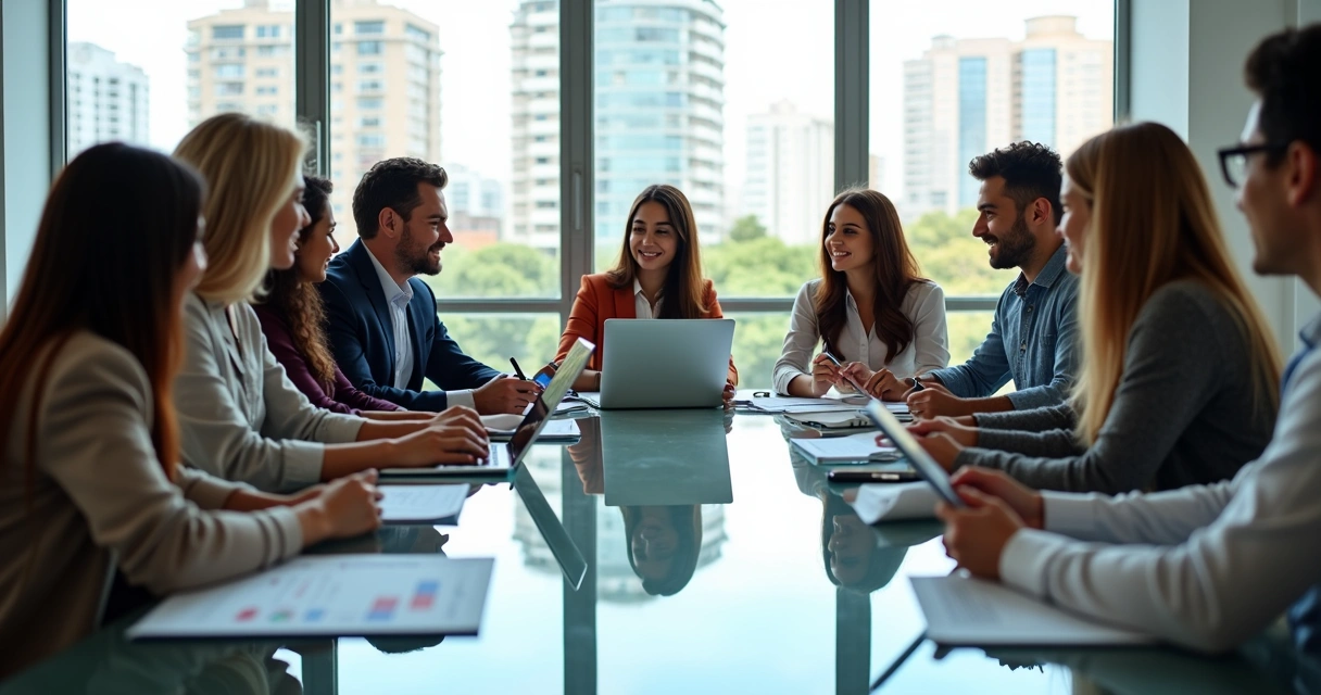Equipe de marketing em Juazeiro reunida ao redor de uma mesa com notebooks e papéis de estratégia 