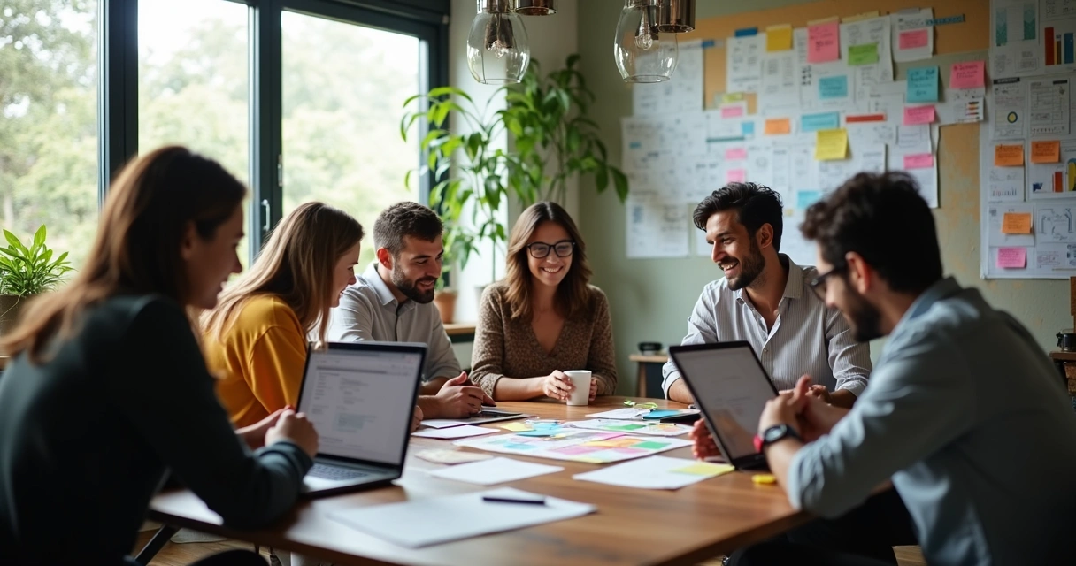Agência de marketing digital com equipe reunida em mesa discutindo estratégias 