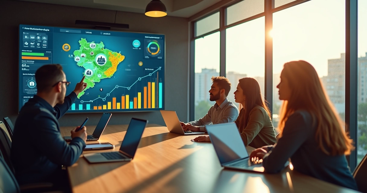 Equipe de marketing colaborando em agência moderna com ícones digitais de métricas e SEO 