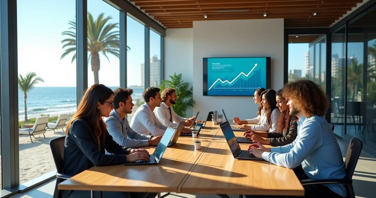 Equipe de marketing reunida em agência com vista para a orla de Maceió 