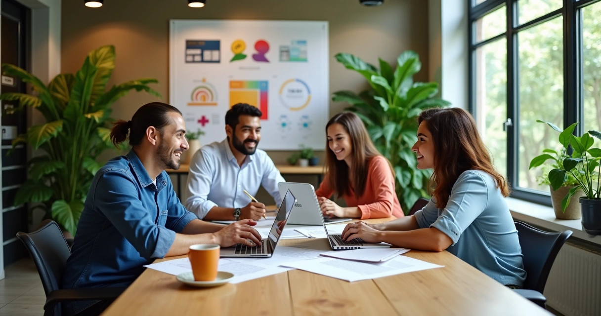 Profissionais de agência de marketing trabalhando juntos em escritório moderno 