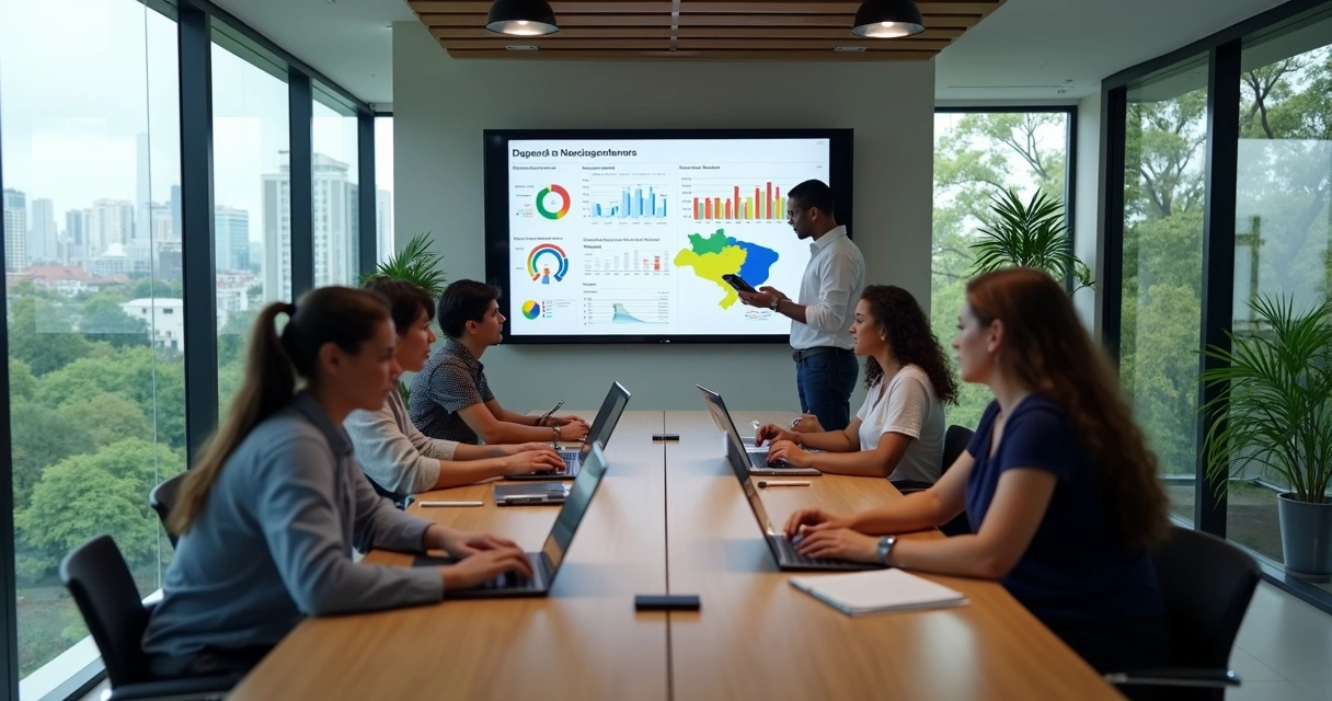 Equipe de marketing em reunião estratégica em escritório moderno em Manaus 