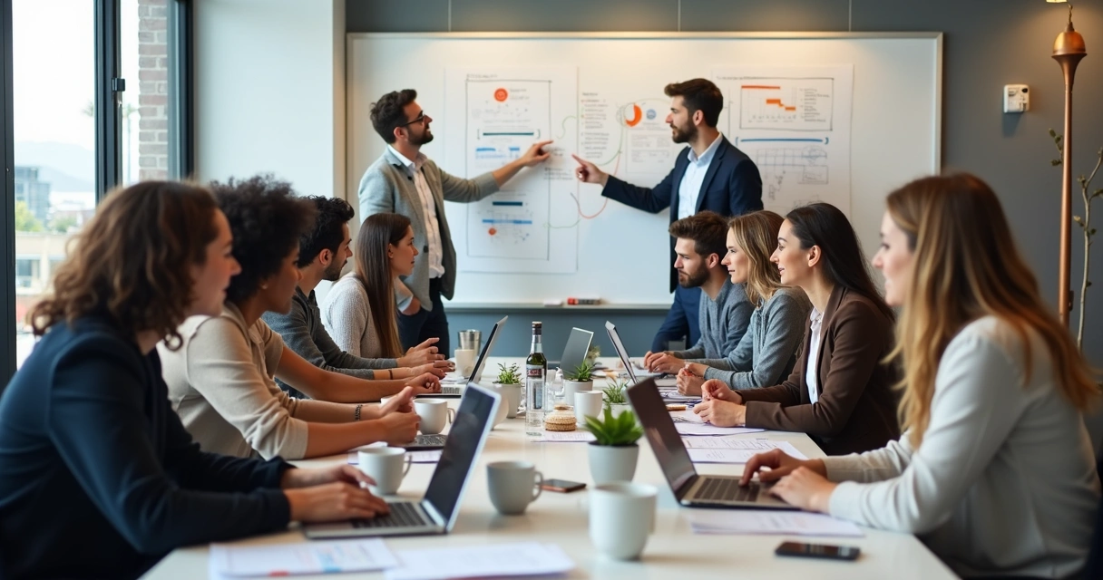 Equipe reunida em sala criativa com notebooks, quadros brancos e smartphones 