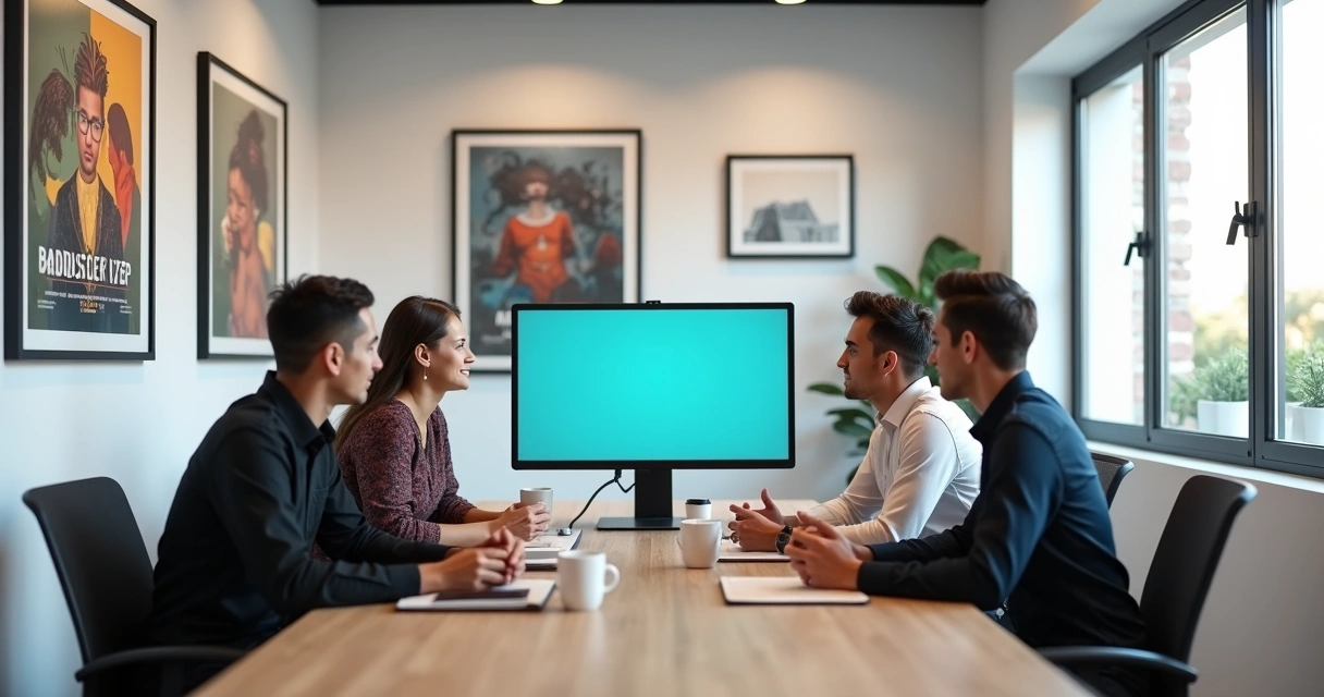 Sala de reunião em agência de marketing de Mauá, paredes com quadros, mesa com computador e papéis, equipe reunida 
