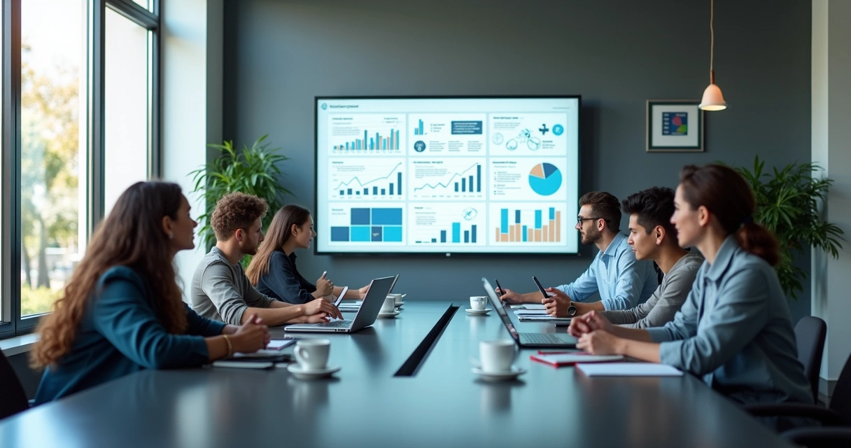 Equipe de marketing digital reunida em escritório moderno discutindo estratégias para clínicas médicas 