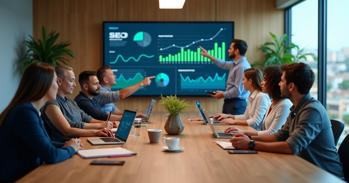 Equipe de marketing em reunião estratégica em escritório moderno 