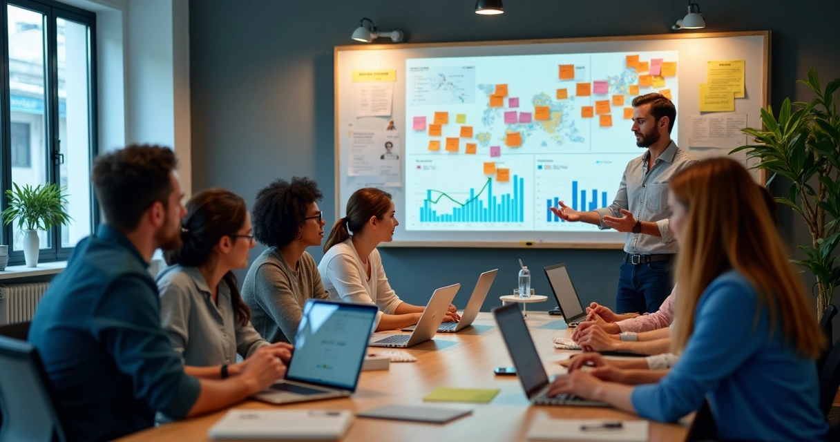 Equipe de marketing reunida em escritório com quadros de estratégias e computadores 