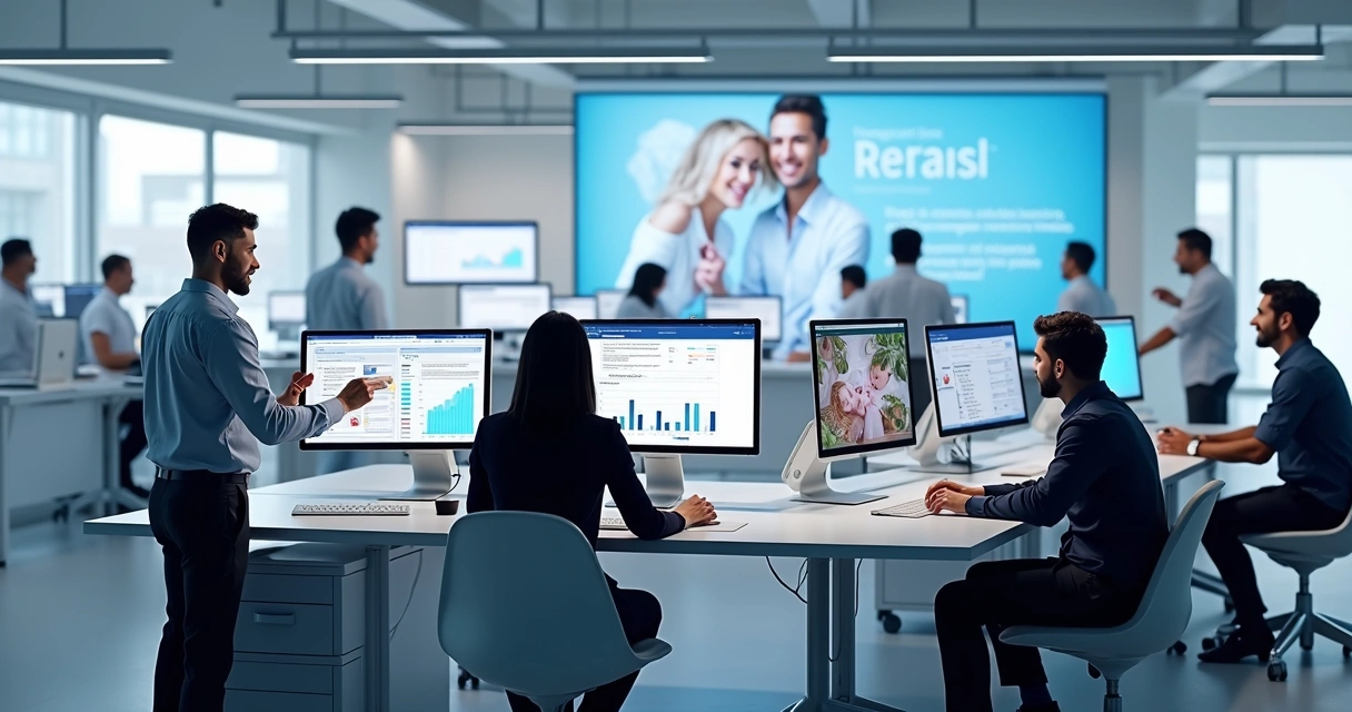 Equipe de marketing digital em escritório moderno desenvolvendo estratégias para clínica odontológica, com computadores exibindo anúncios e gráficos de desempenho 