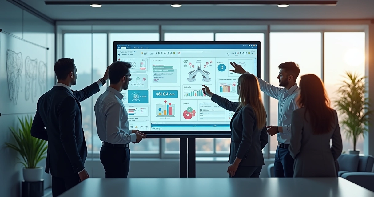 Equipe profissional analisando campanhas digitais para clínicas odontológicas em ambiente moderno e iluminado 