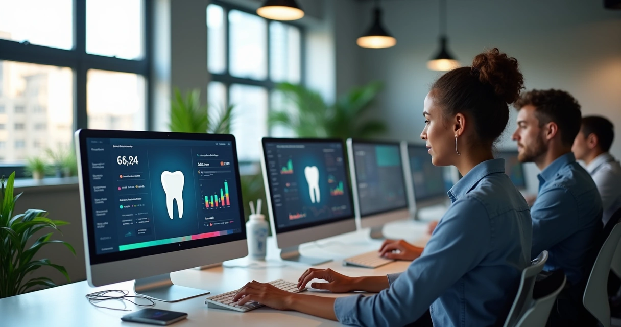 Sala moderna de agência de marketing com equipe trabalhando em computadores, gráficos digitais de desempenho e símbolos odontológicos na tela 