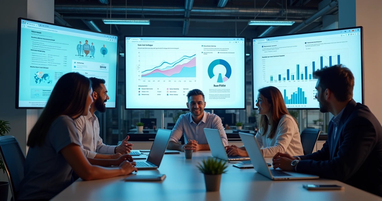 Equipe profissional de marketing digital em ambiente moderno com computadores e gráficos no monitor, planejando campanha para clínicas odontológicas 