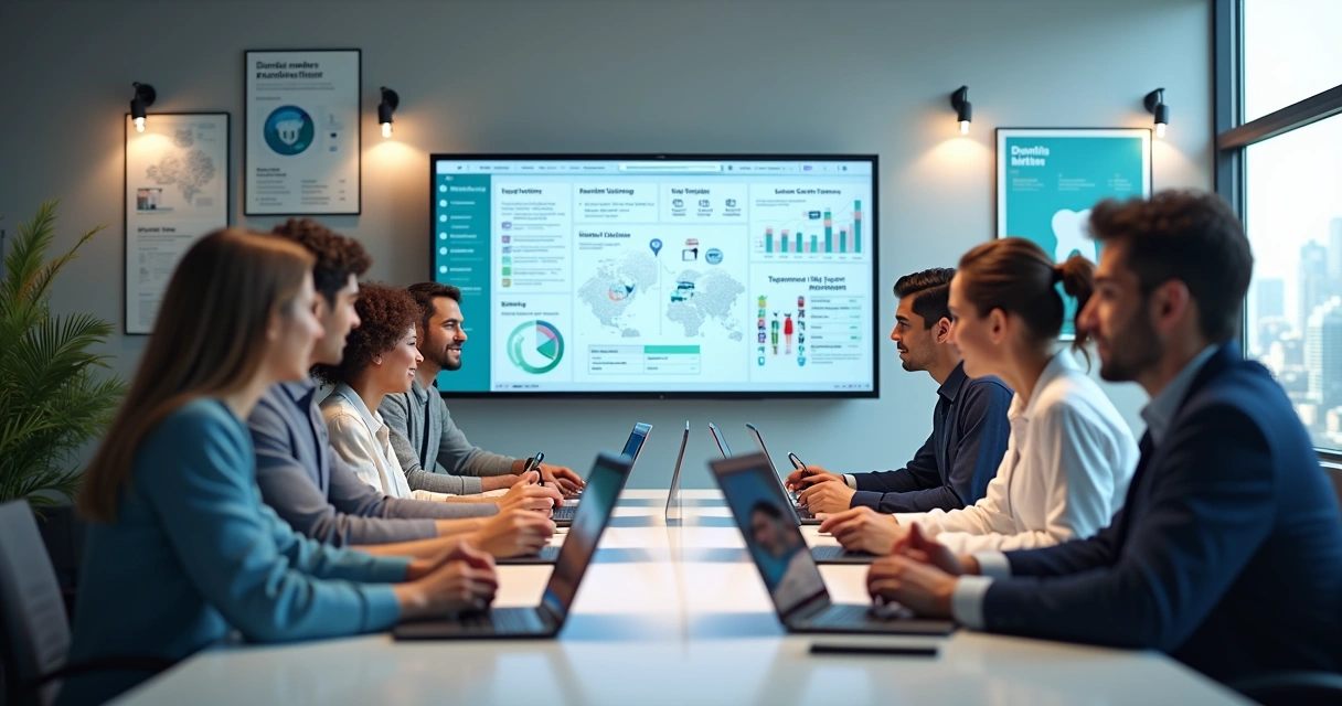 Equipe profissional trabalhando em agência de marketing odontológico com computadores e gráficos digitais 