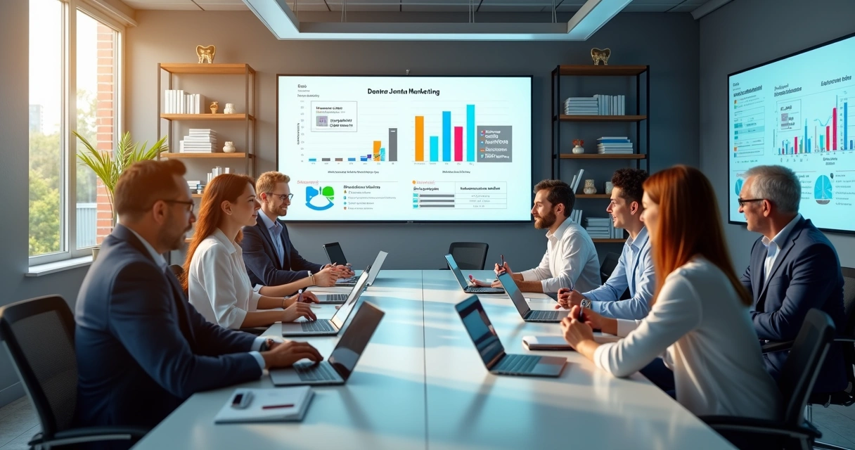 Equipe profissional em reunião estratégica em escritório moderno com computadores e gráficos digitais sobre marketing odontológico 