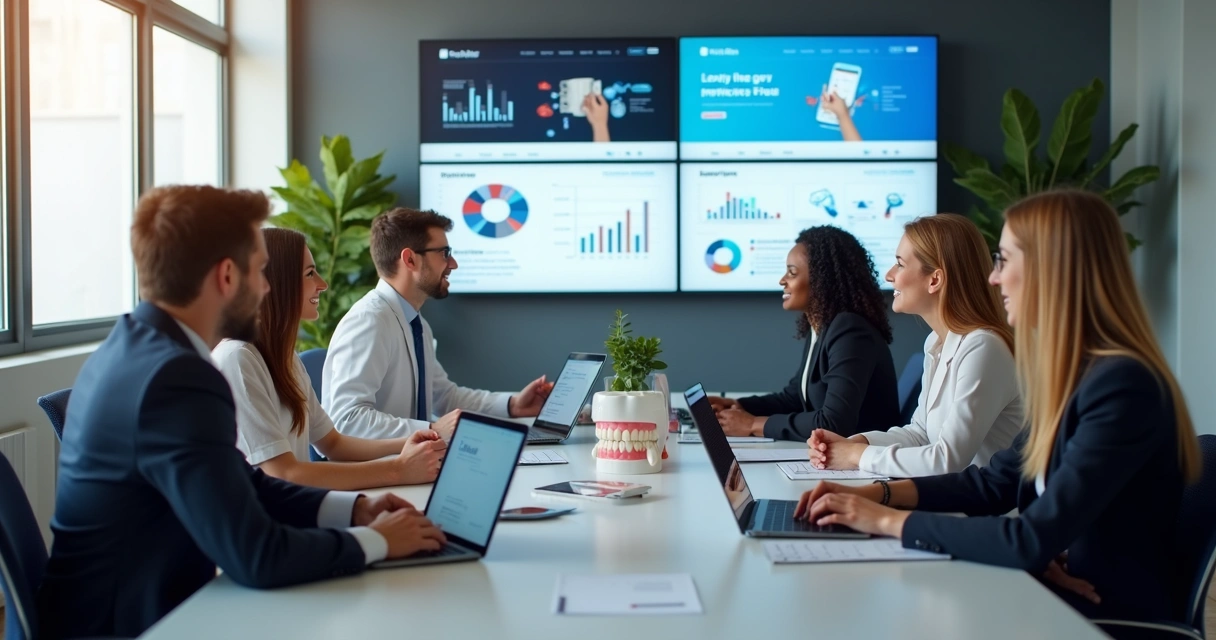 Profissionais em reunião discutindo estratégias de marketing digital para clínica odontológica, com telas mostrando anúncios e gráficos no fundo 