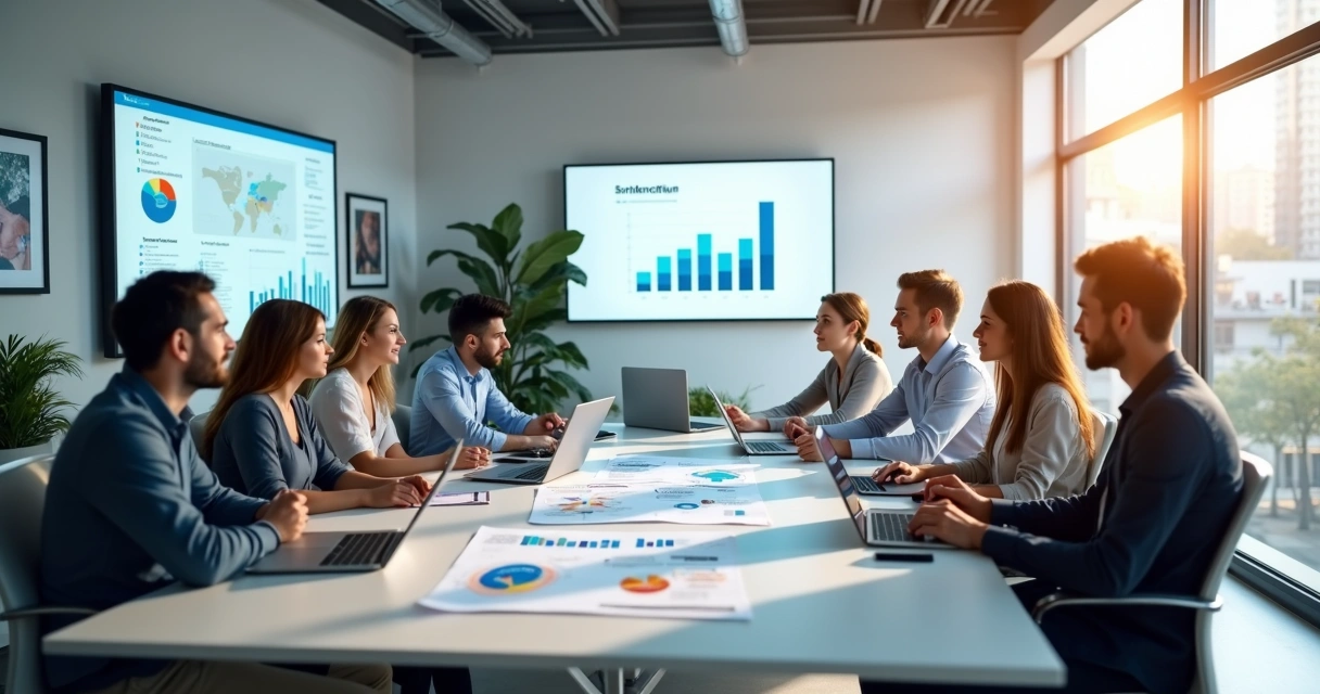 Reunião profissional entre equipe de marketing e dentistas em escritório moderno