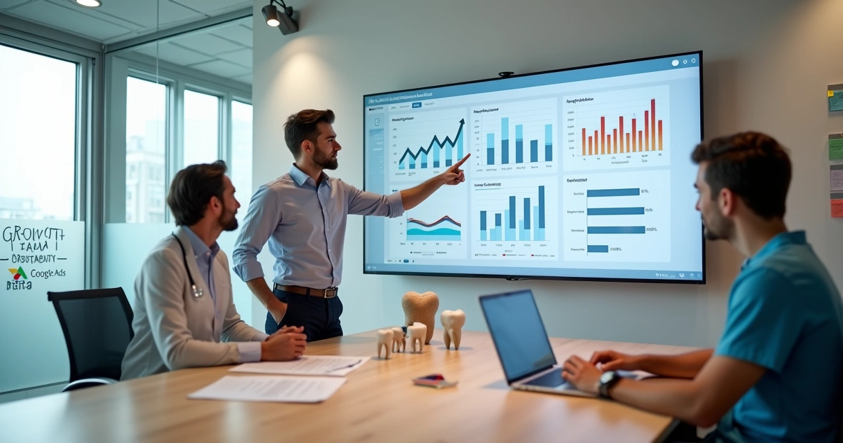 Reunião estratégica entre dentista e agência de marketing odontológico analisando dados em tela grande 