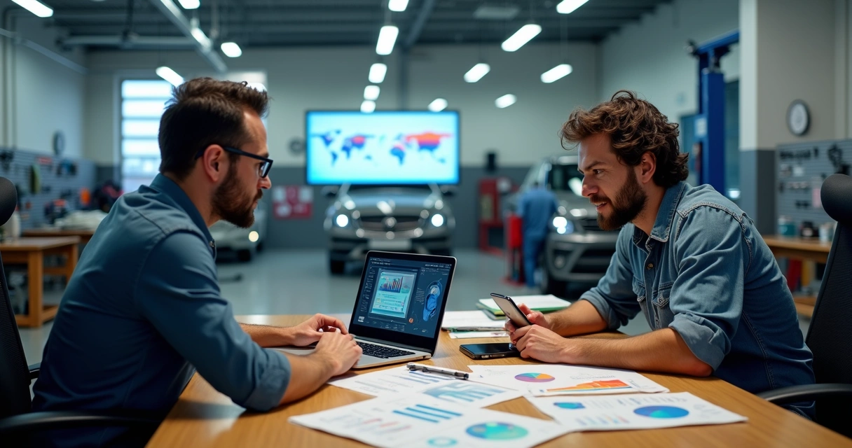 Gestor de marketing e dono de oficina mecânica em reunião analisando gráficos digitais 