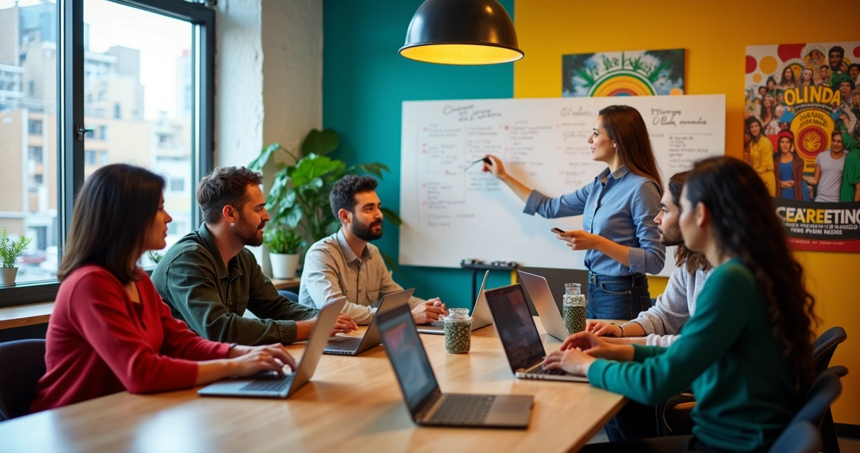 Equipe de marketing reunida em Olinda, analisando estratégias digitais em ambiente moderno. 
