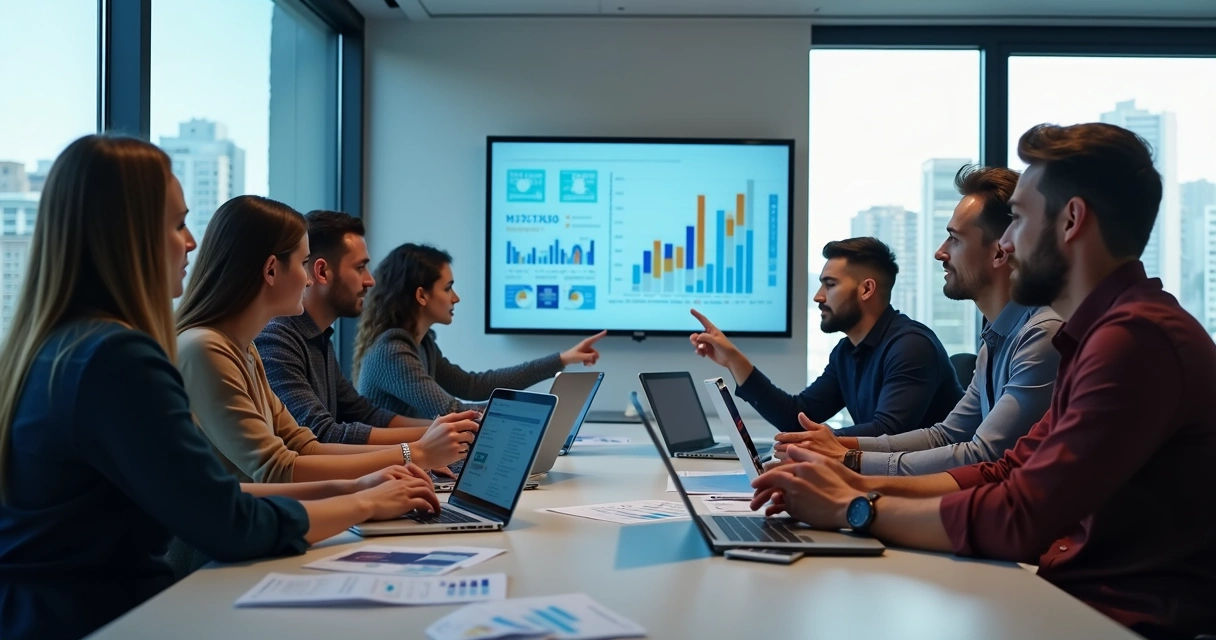 Equipe de agência de marketing reunida em uma mesa moderna de escritório, discutindo estratégias digitais com computadores e anotações 