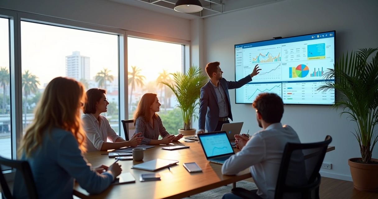 Equipe de marketing reunida em escritório moderno em Parnamirim analisando gráficos em tela grande 