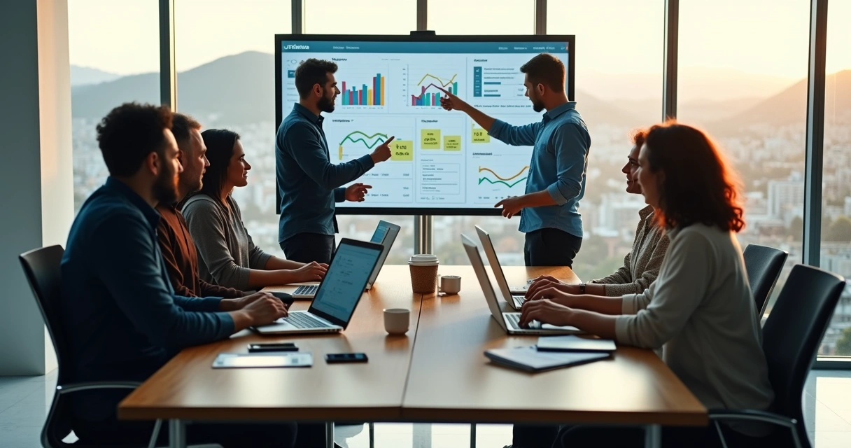 Equipe de marketing reunida em mesa de reunião com vista para cidade de Petrópolis 