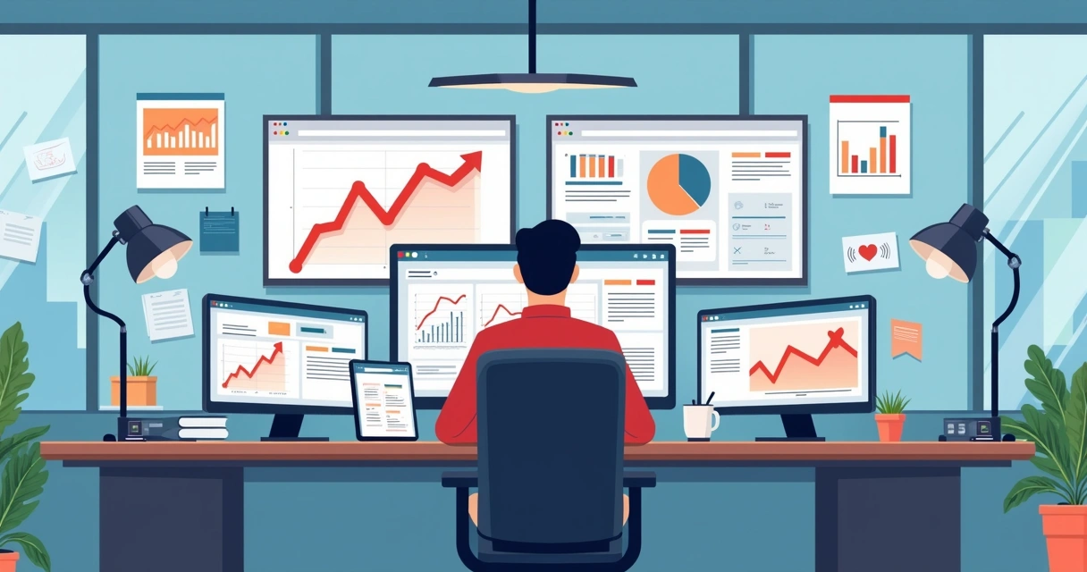 Especialista de agência de comunicação política analisando gráficos e tendências digitais em vários monitores.