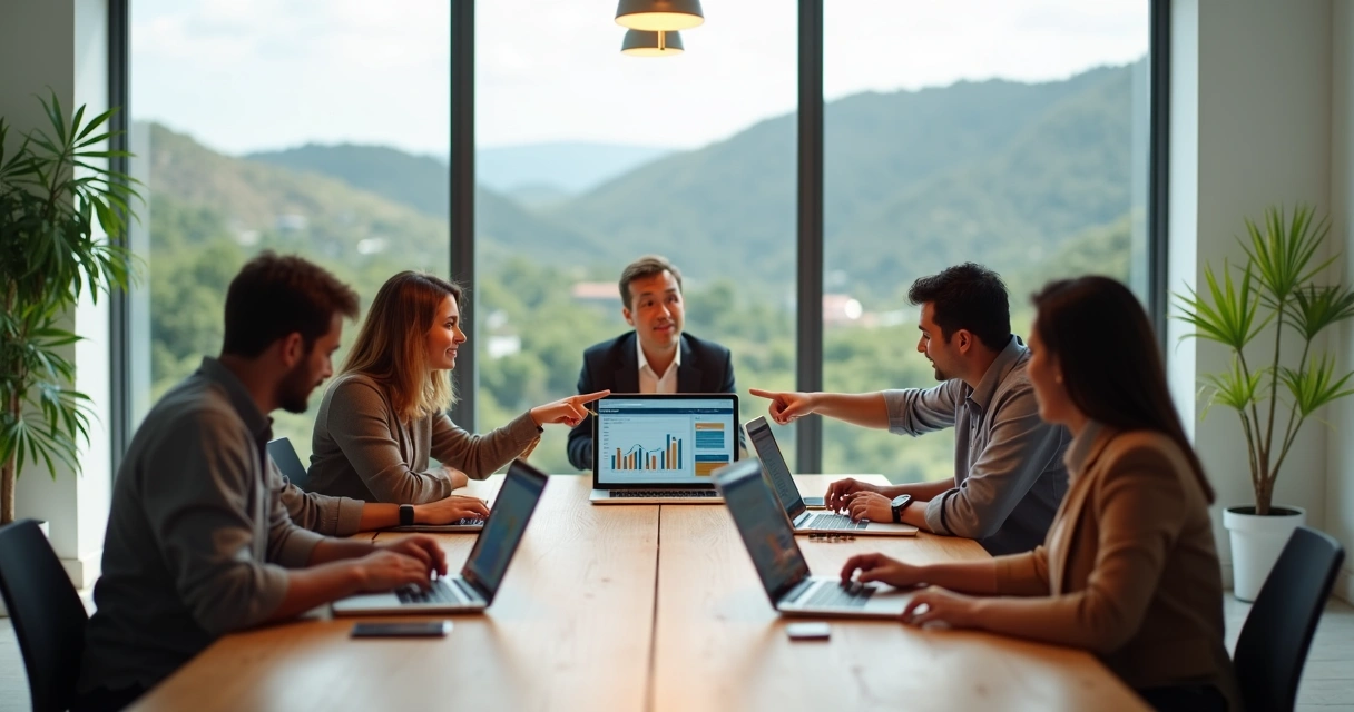 Equipe de marketing reunida em escritório moderno planejando estratégias digitais 