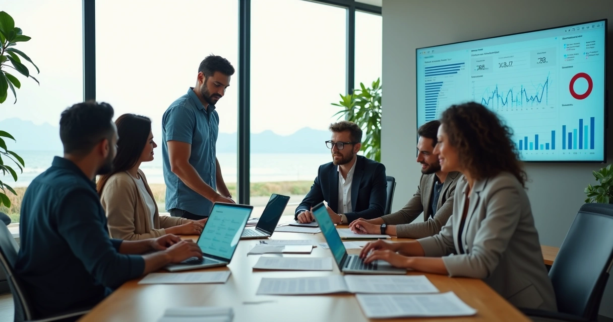 Equipe de marketing reunida em agência moderna em Praia Grande analisando gráficos de desempenho 