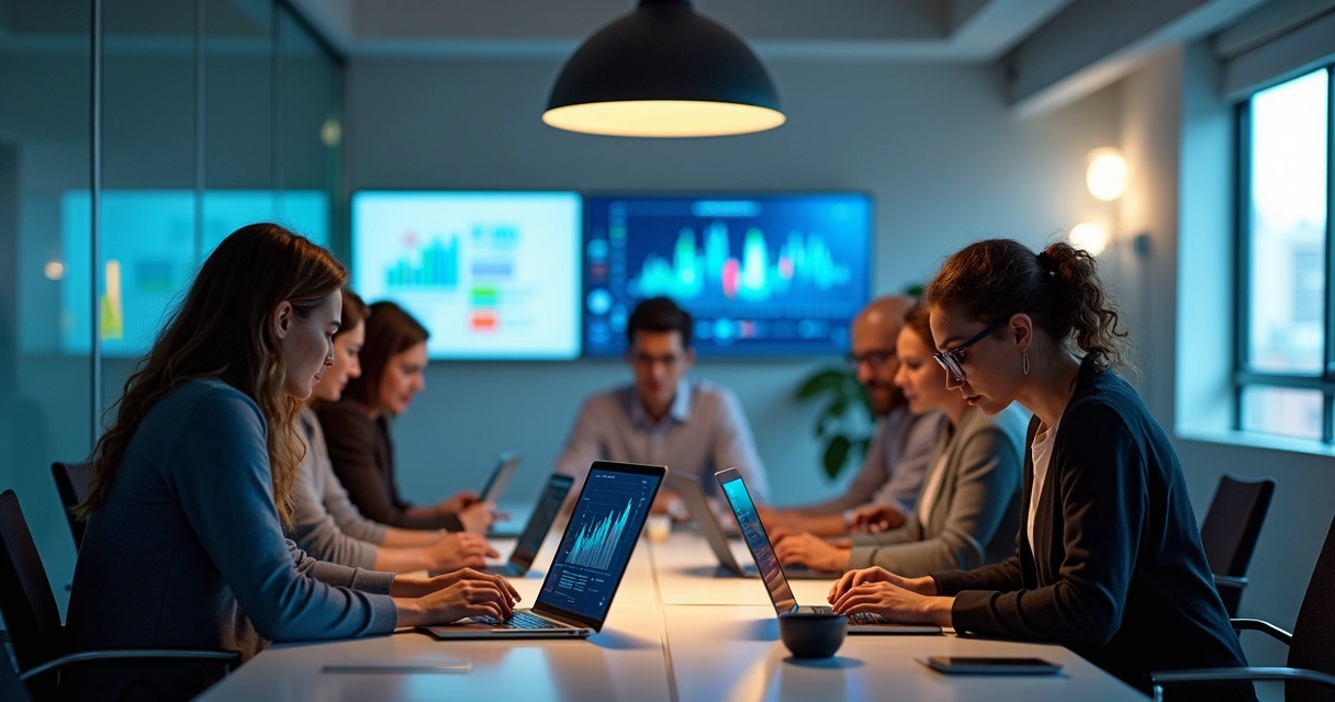 Equipe de agência de marketing reunida analisando campanha digital em notebooks 