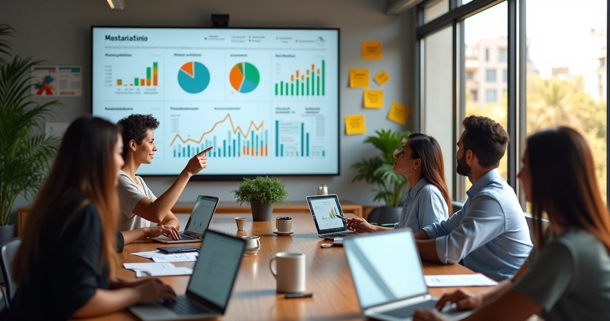 Equipe de marketing reunida em mesa discutindo estratégias digitais 