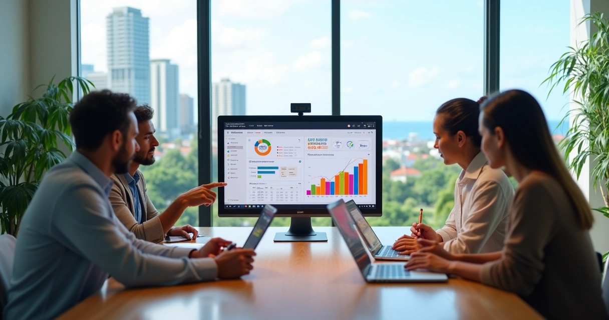 Equipe de marketing em escritório moderno com vista para Salvador em tela de computador 