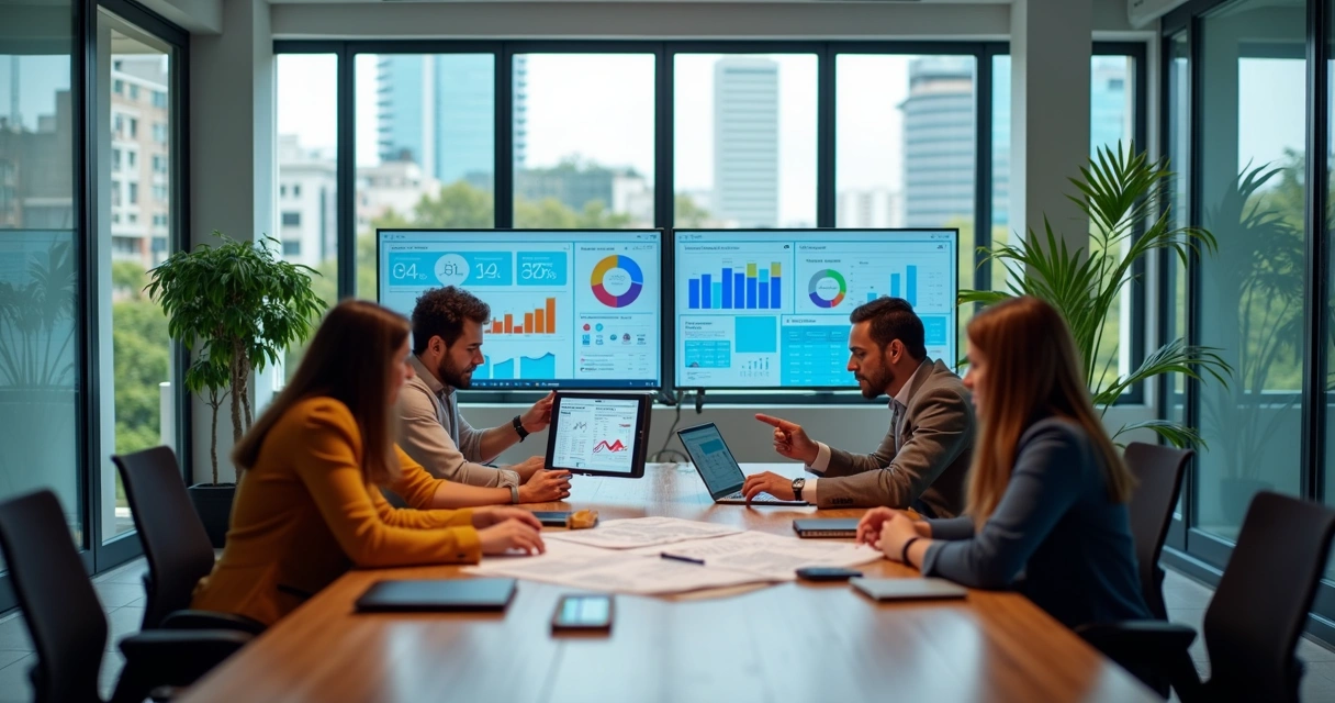 Equipe de marketing reunida em escritório moderno em Santo André analisando gráficos de desempenho 