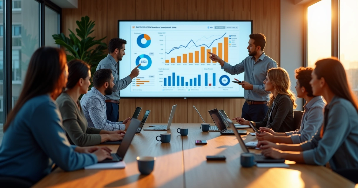 Equipe de marketing reunida em escritório moderno analisando gráficos em tela grande 