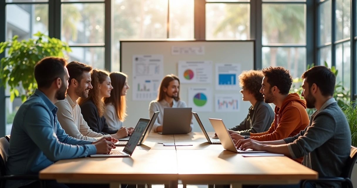 Equipe de marketing reunida em agência de São Leopoldo, discutindo estratégias digitais 