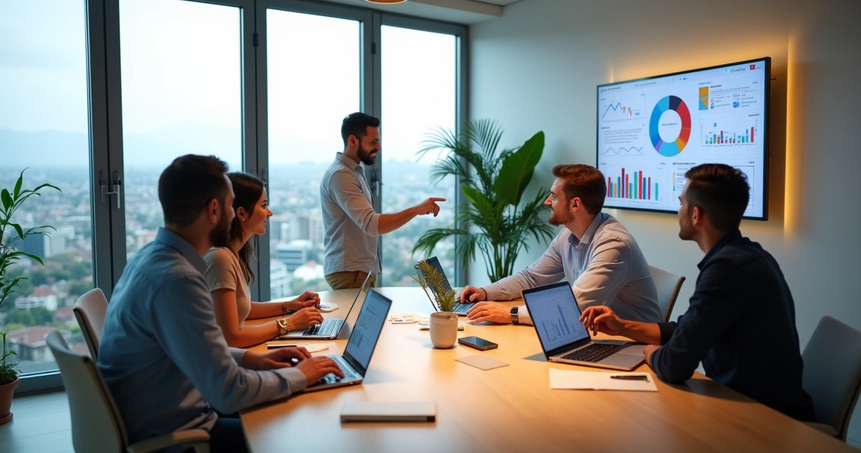 Equipe de marketing em reunião estratégica em escritório moderno com vista para São Vicente 