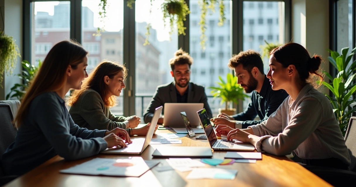 Equipe de agência de marketing trabalhando em mesa com notebooks em ambiente iluminado 