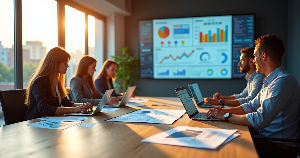 Equipe de marketing reunida em mesa de reunião moderna analisando gráficos digitais 